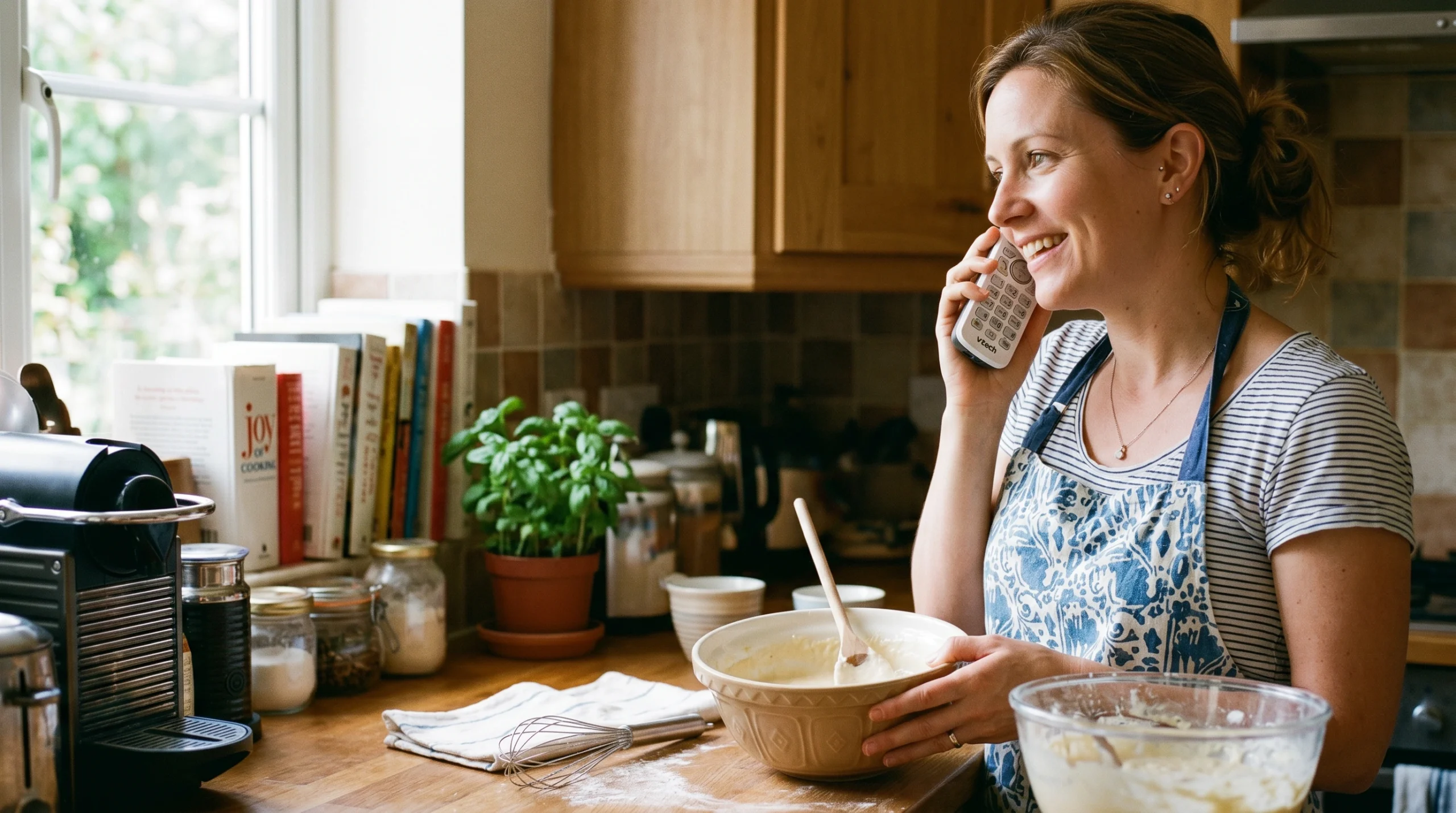 Woman in her kitchen on the phone